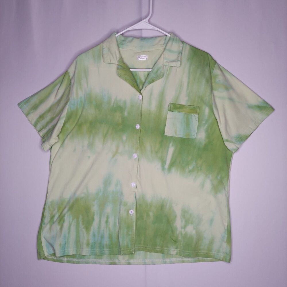 Swomog Button‎ Shirt Women 2XL Green Tie Dye Jersey Pocket Collar Short Sleeve
